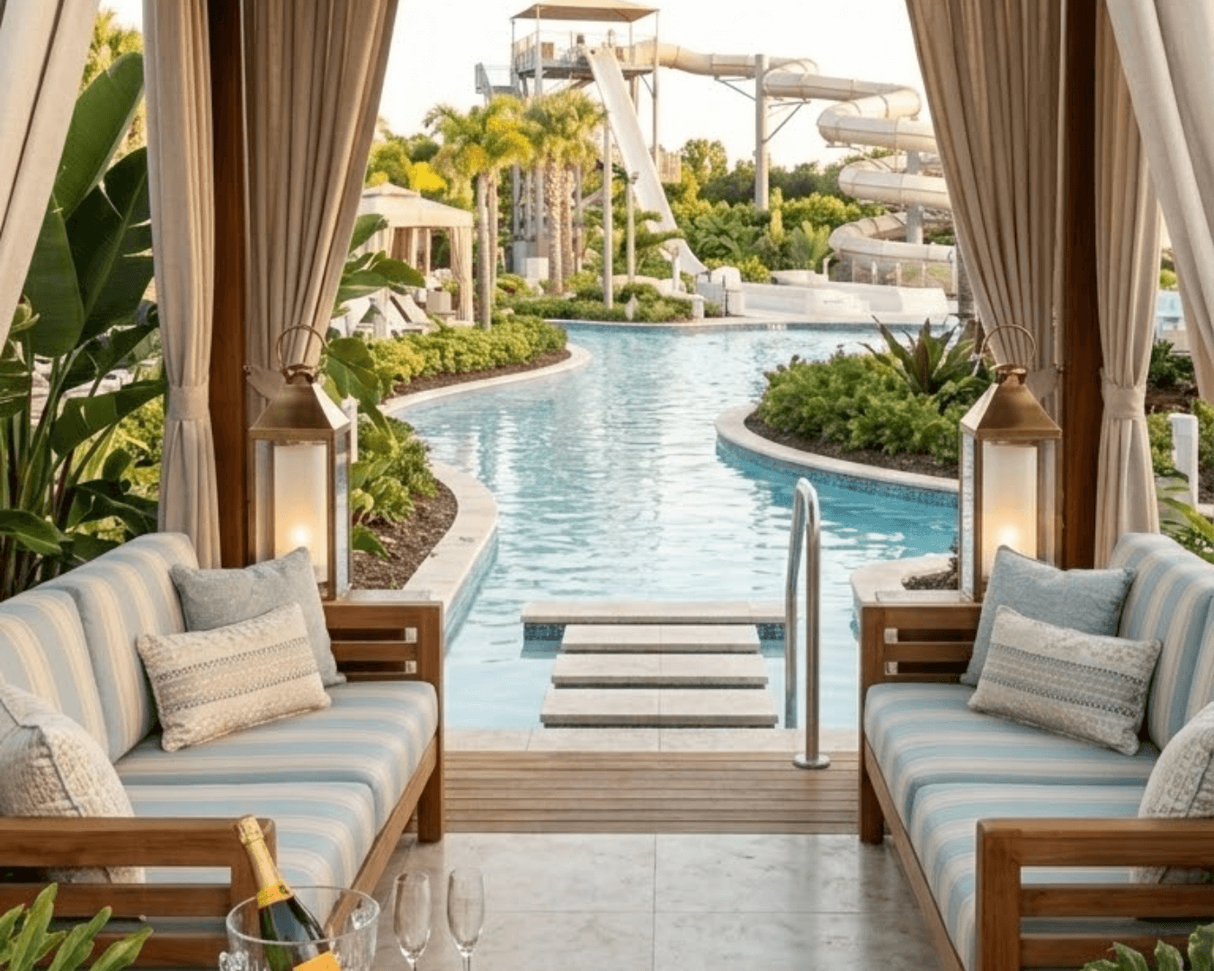 Private pool cabana with lounge chairs